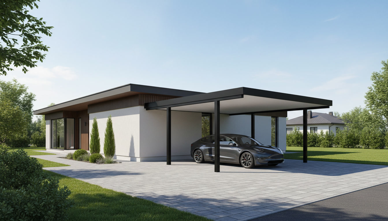 gemini 2.5 flash image create an image of a house with metal carport for my manufactuing website image 0